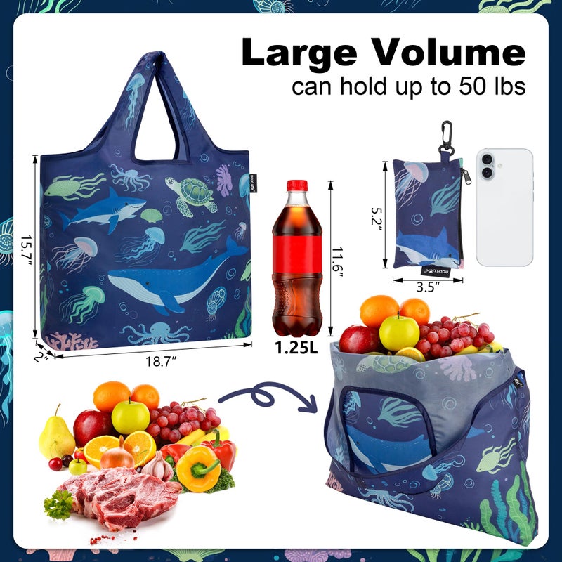 HOLYLUCK Reusable Grocery Bags,Heavy Duty Foldable Shopping Tote Bag (Standard, 3 Whales) - Image 3