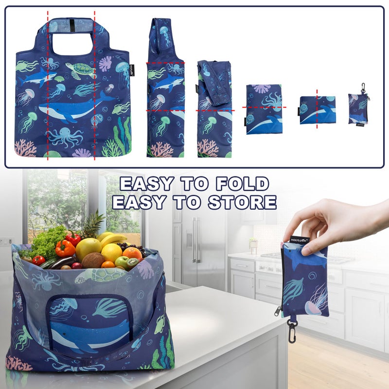 HOLYLUCK Reusable Grocery Bags,Heavy Duty Foldable Shopping Tote Bag (Standard, 3 Whales) - Image 5