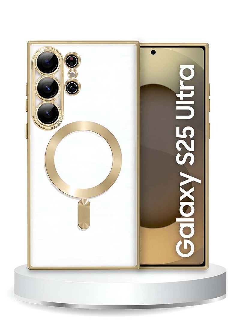 دبليو تيك سامسونج جالاكسي S25 الترا 5G 2025 Magsafe PU طلاء فاخر بشفاه مرتفعة غطاء حافظة ثقب الكاميرا - شفاف / ذهبي - Image 1