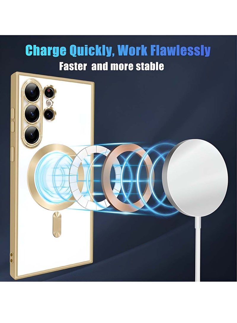 دبليو تيك سامسونج جالاكسي S25 الترا 5G 2025 Magsafe PU طلاء فاخر بشفاه مرتفعة غطاء حافظة ثقب الكاميرا - شفاف / ذهبي - Image 2