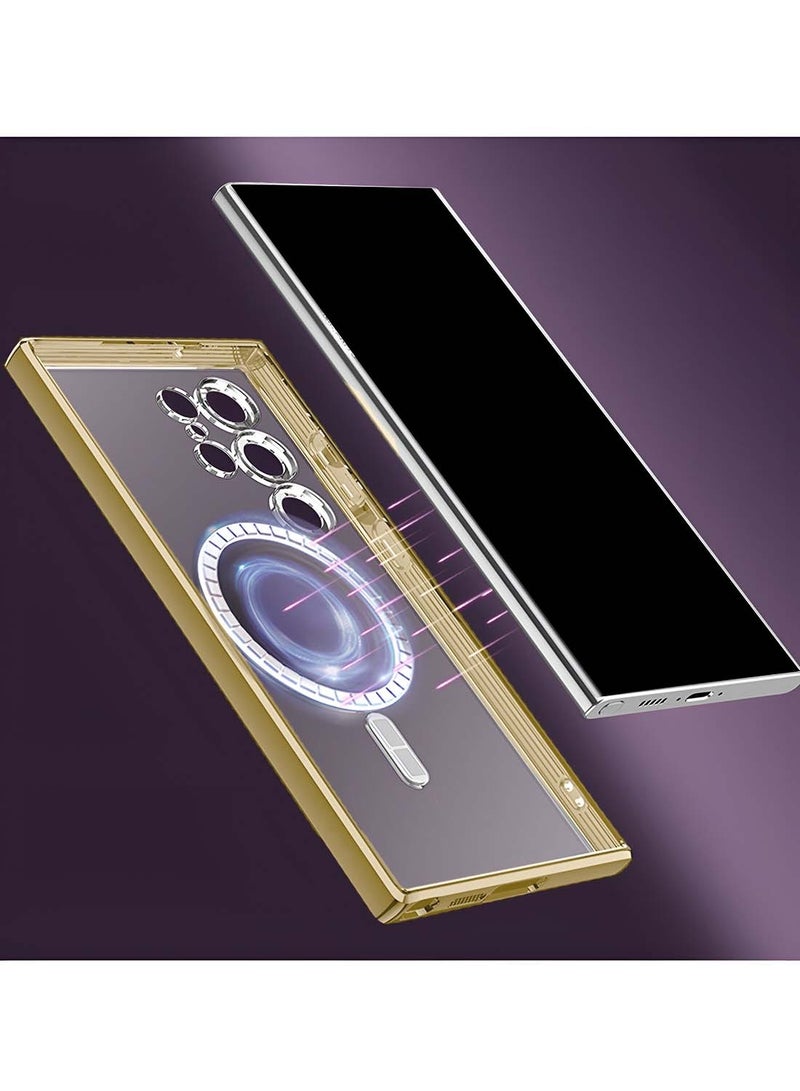 دبليو تيك سامسونج جالاكسي S25 الترا 5G 2025 Magsafe PU طلاء فاخر بشفاه مرتفعة غطاء حافظة ثقب الكاميرا - شفاف / ذهبي - Image 4