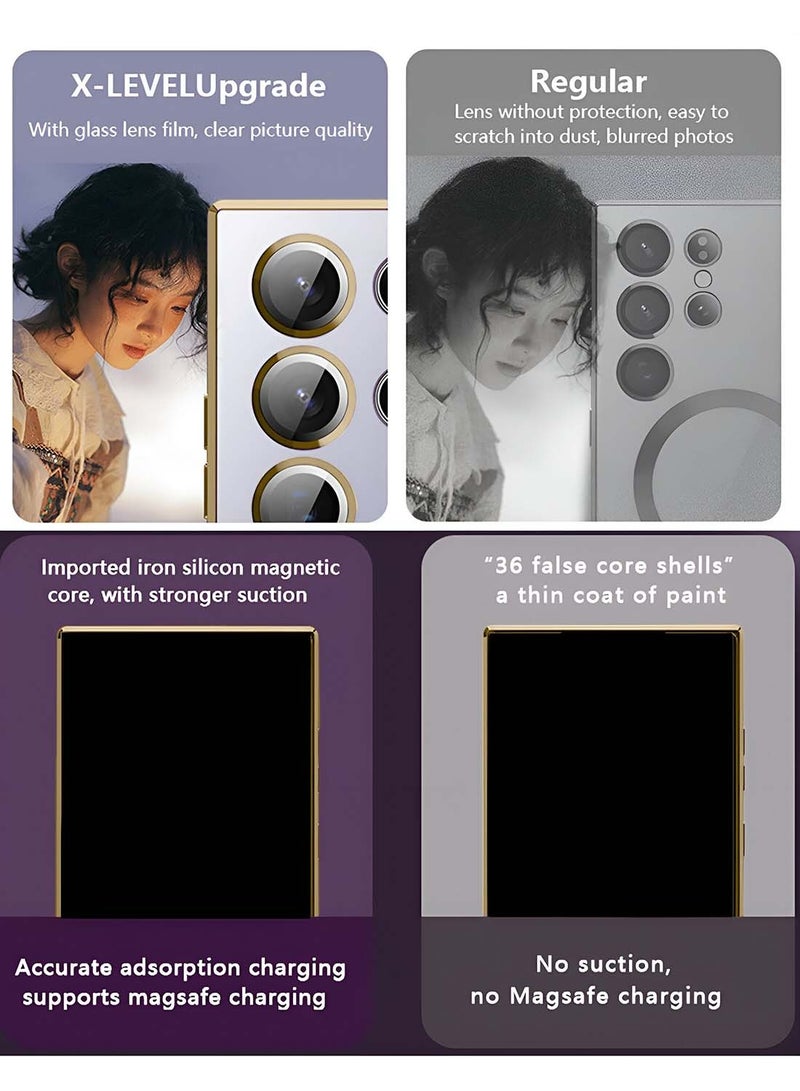 دبليو تيك سامسونج جالاكسي S25 الترا 5G 2025 Magsafe PU طلاء فاخر بشفاه مرتفعة غطاء حافظة ثقب الكاميرا - شفاف / ذهبي - Image 5