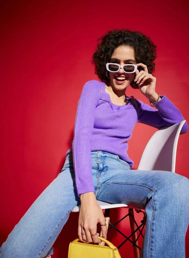 Sassafras Purple Ribbed Square Neck Jumper