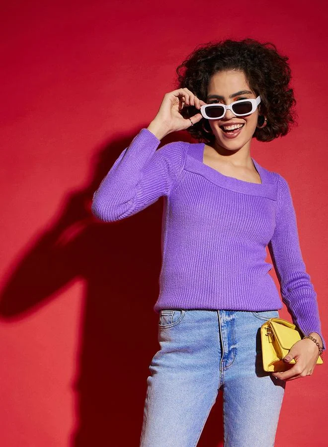 Sassafras Purple Ribbed Square Neck Jumper
