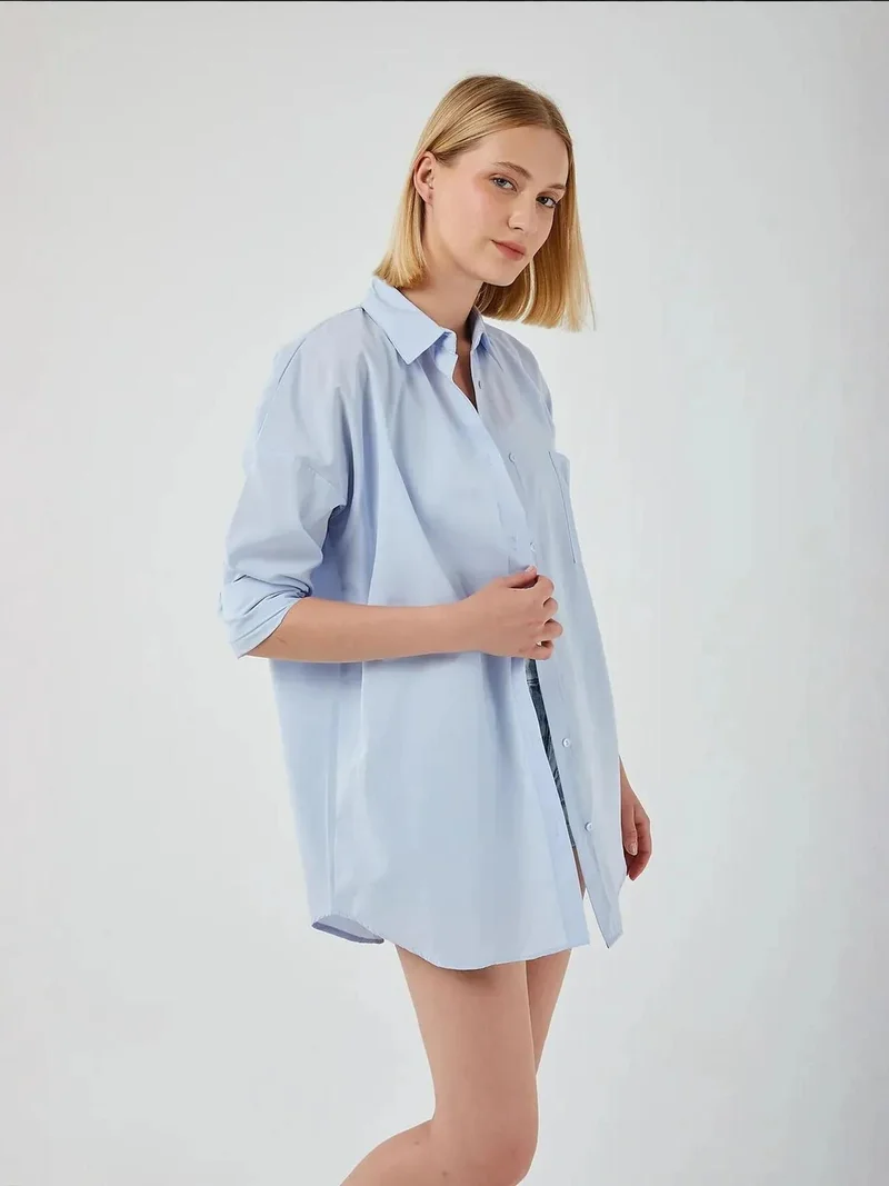 MixRay Oversized Long-Sleeve Button-Up Poplin Shirt