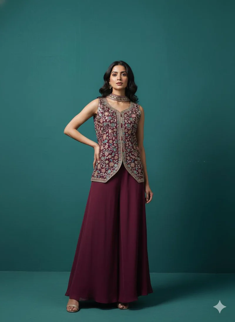 Maroon Embroidered Short Kurti with Matching Palazzo Pants & Dupatta