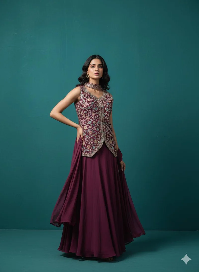 Lehar Maroon Embroidered Short Kurti with Matching Palazzo Pants & Dupatta