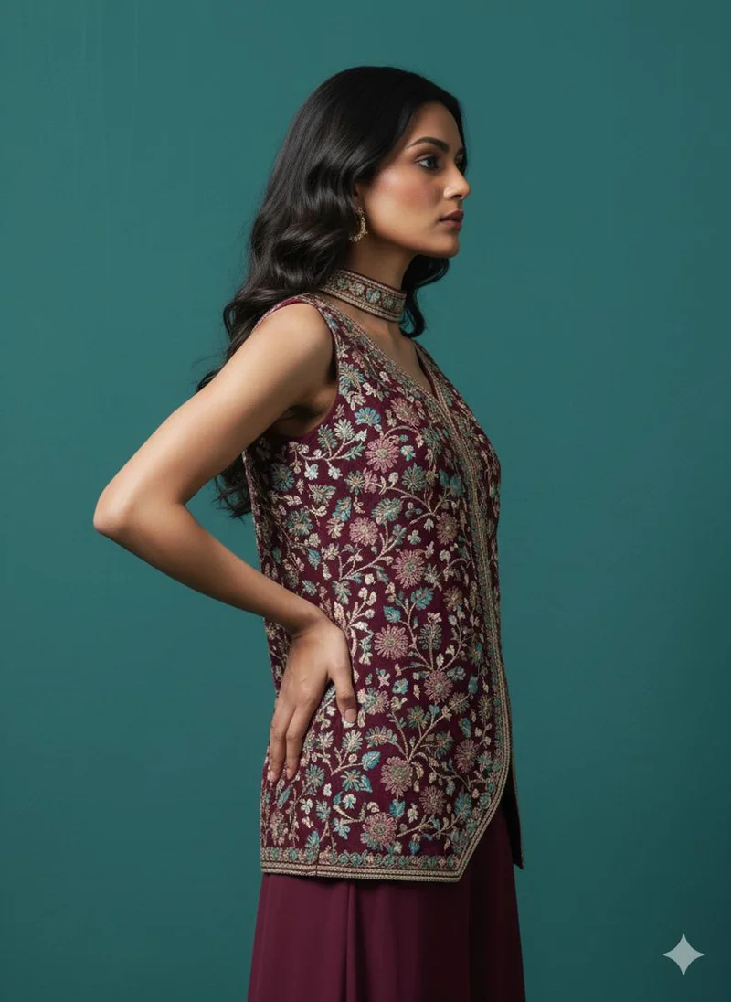 Lehar Maroon Embroidered Short Kurti with Matching Palazzo Pants & Dupatta