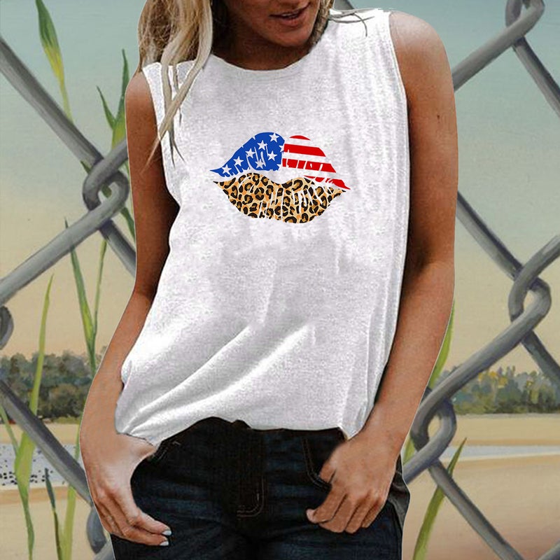 202 Independence Day Spring Cross-border New Creative Flag Lip Print Pattern Women Sleeveless T-shirt - Image 2