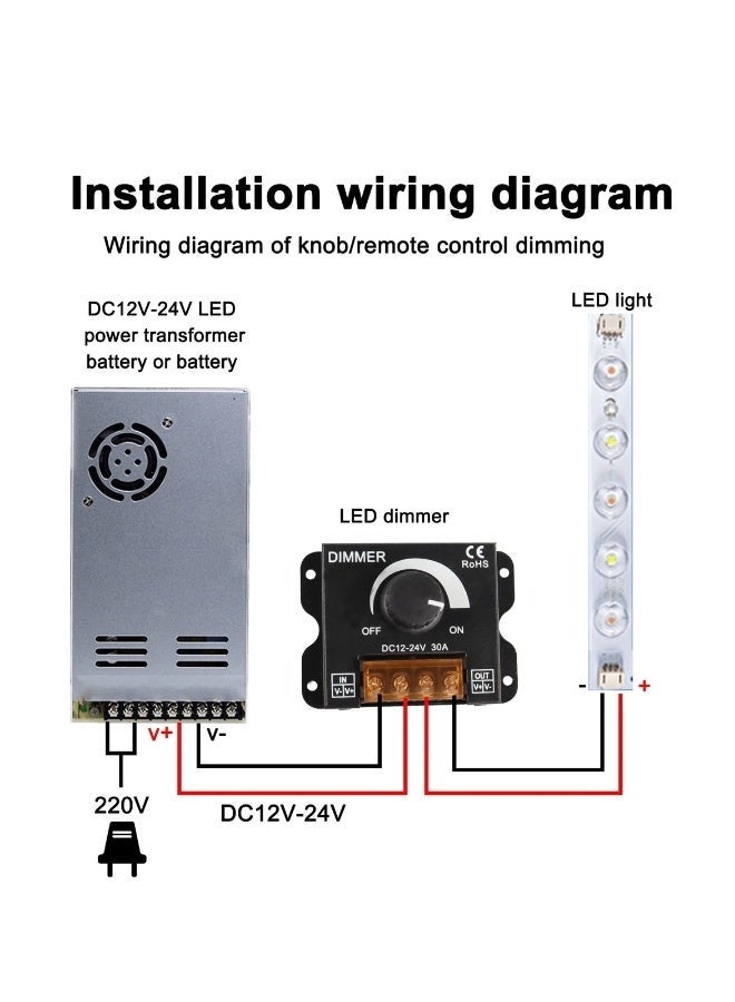 Bukela 12V to 24V 30A LED Dimmer Controller with PWM, Adjustable Brightness and ON/OFF Switch for 5050/3528 Light Strips, Durable Aluminum Case - Image 5