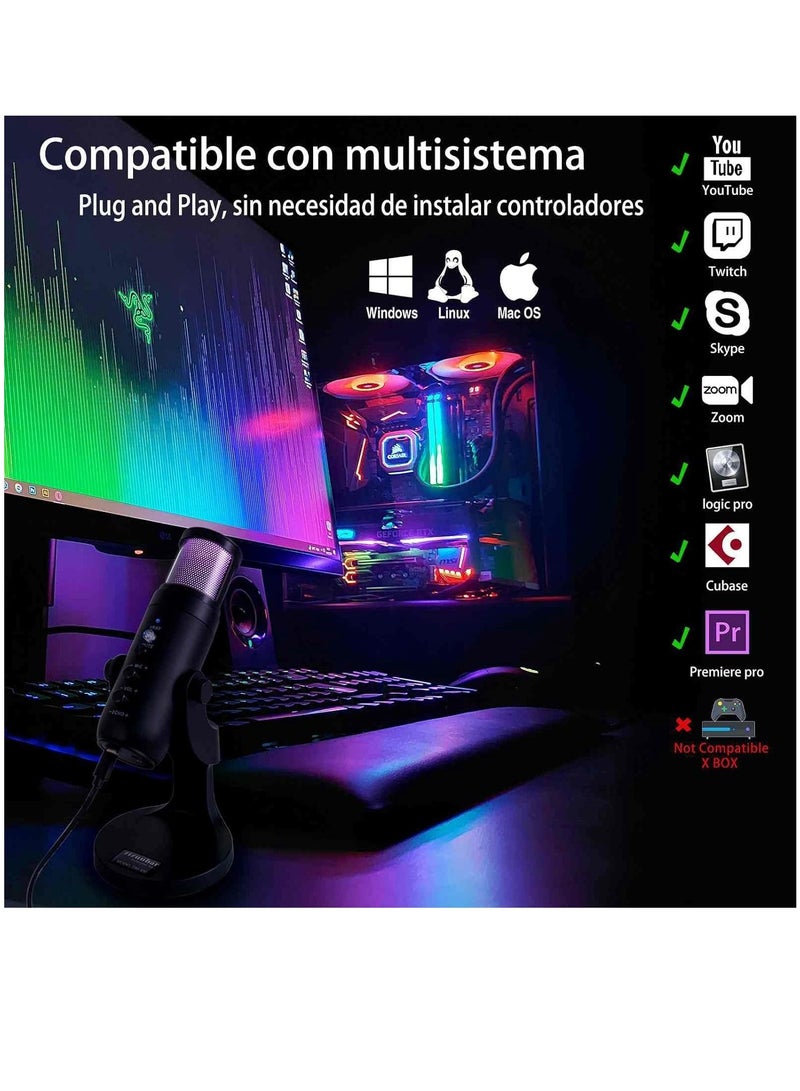 USB Microphone Desktop, Podcast Microphone, PC Gaming Mic, Perceptible Noise Reduction RGB Lighting, Streaming Recording Vocals Voice Overs, Compatible with Computer Mac/Linux/Ps4 - Image 3