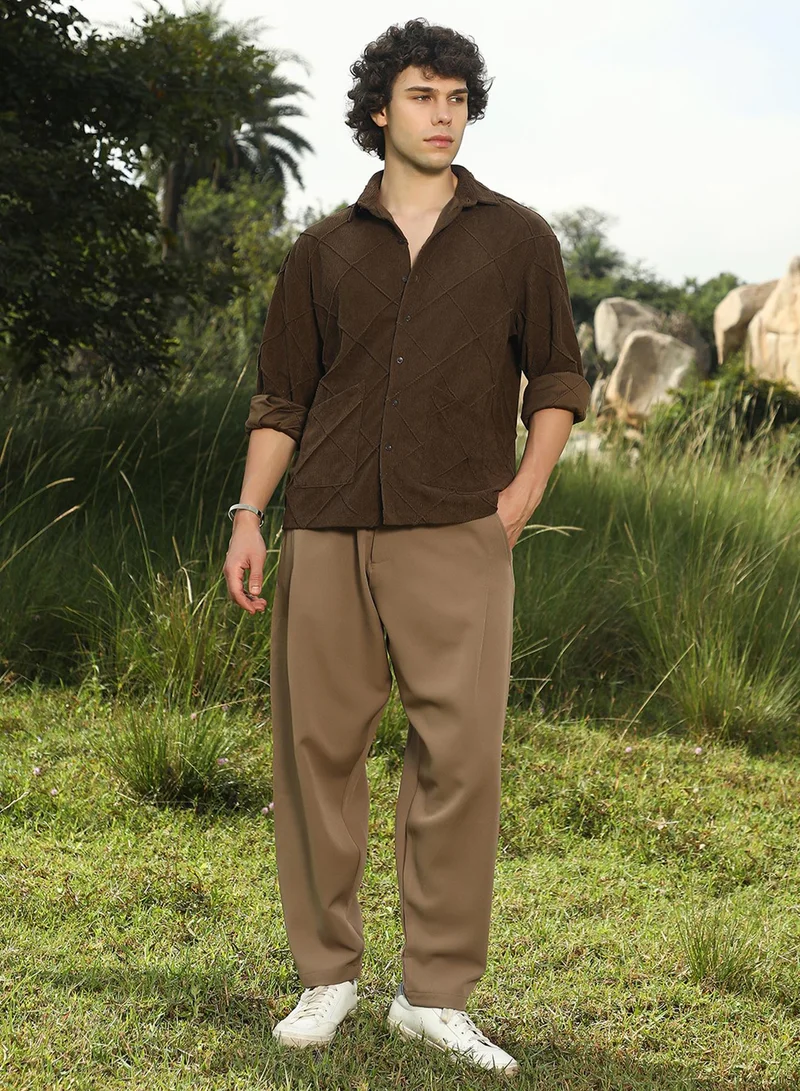 Campus Sutra Men's Coffee Brown Crosshatch-Tactile Oversized Shirt