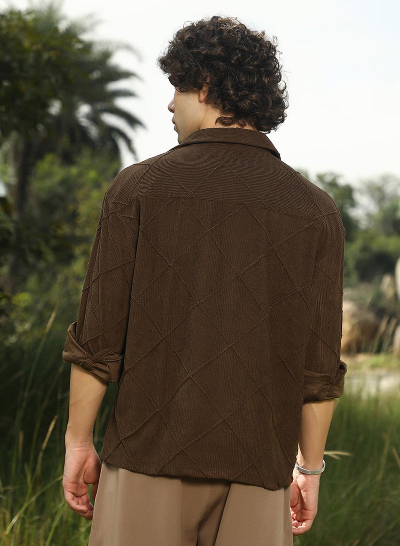 Campus Sutra Men's Coffee Brown Crosshatch-Tactile Oversized Shirt  - Image 5