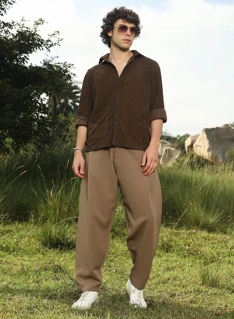 Campus Sutra Men's Coffee Brown Crosshatch-Tactile Oversized Shirt