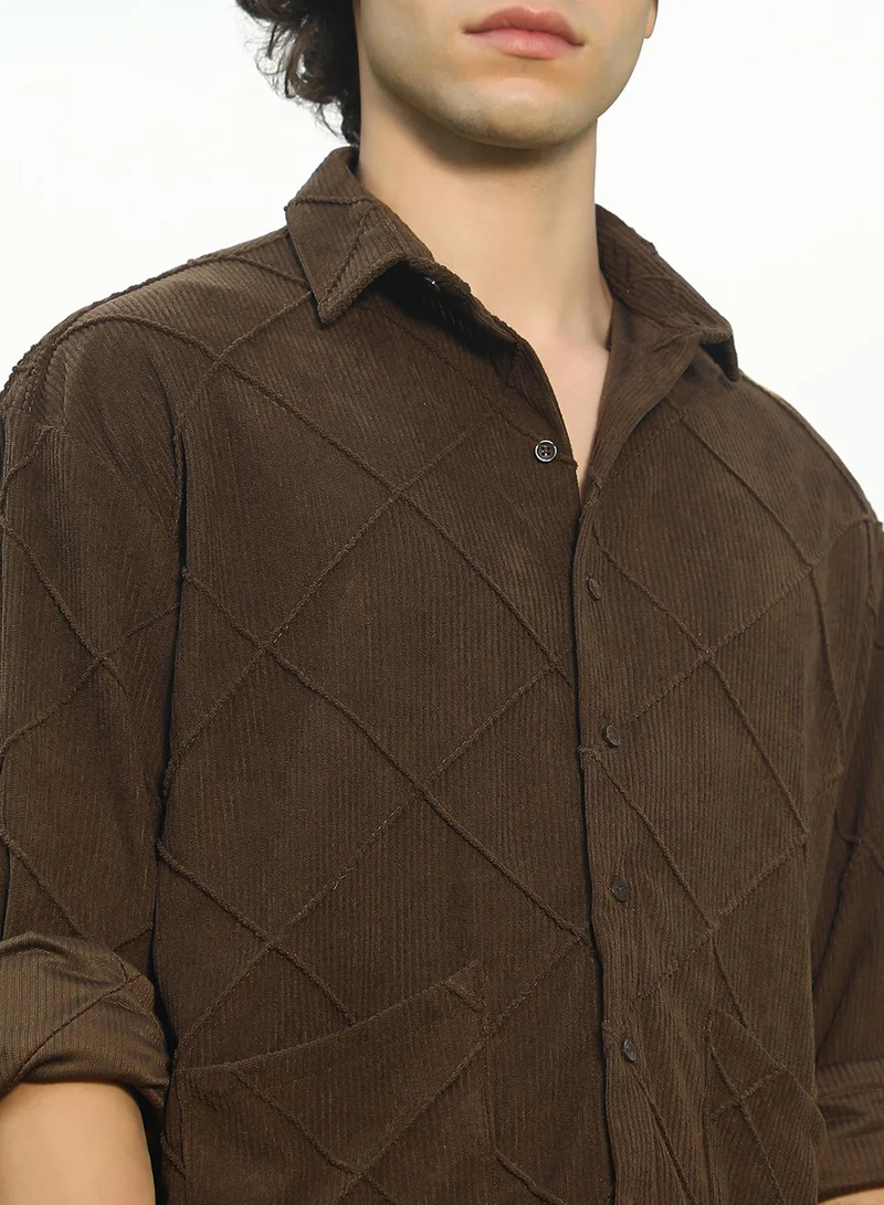 Campus Sutra Men's Coffee Brown Crosshatch-Tactile Oversized Shirt