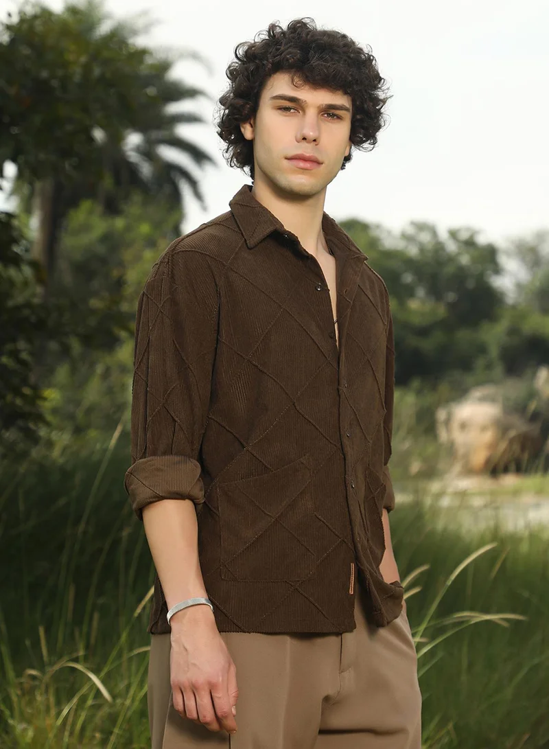 Campus Sutra Men's Coffee Brown Crosshatch-Tactile Oversized Shirt