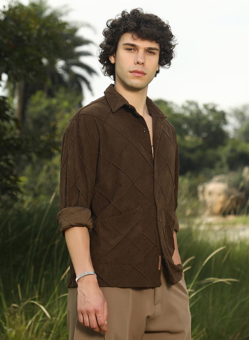 Campus Sutra Men's Coffee Brown Crosshatch-Tactile Oversized Shirt  - Image 3