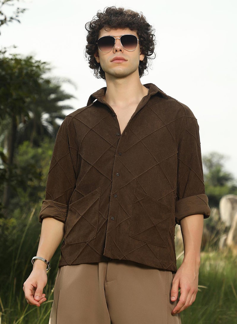 Campus Sutra Men's Coffee Brown Crosshatch-Tactile Oversized Shirt  - Image 1