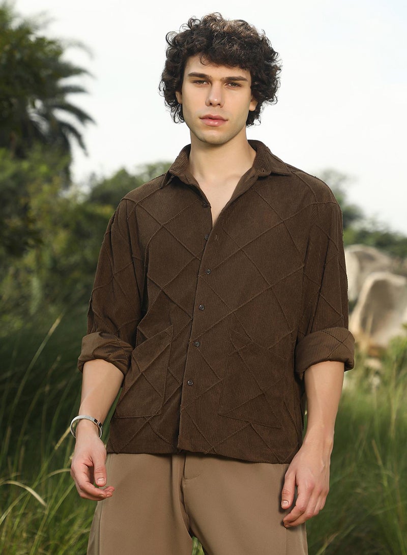 Campus Sutra Men's Coffee Brown Crosshatch-Tactile Oversized Shirt  - Image 2