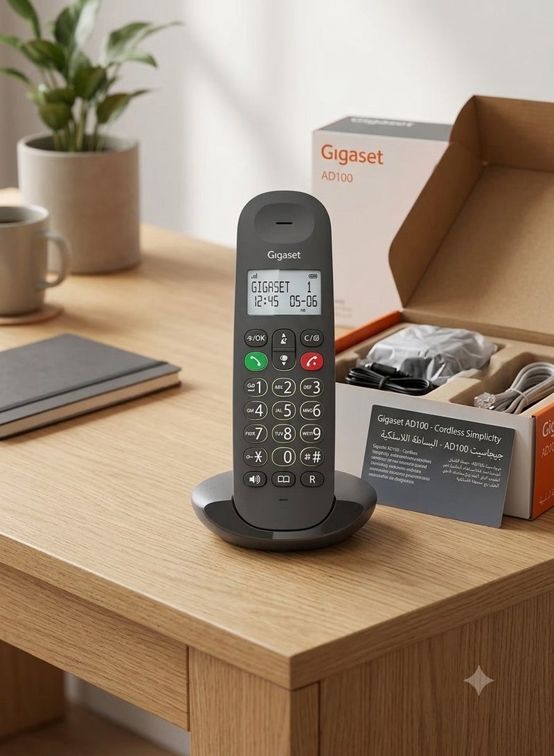 جيجاست هاتف أرضي لاسلكي Gigaset AD100 مع قاعدة مكتبية – هاتف رقمي للمنزل والمكتب مزود بشاشة مضيئة، ومكبر صوت، وخاصية إظهار رقم المتصل، وبطارية تدوم طويلاً – لون أسود - Image 1