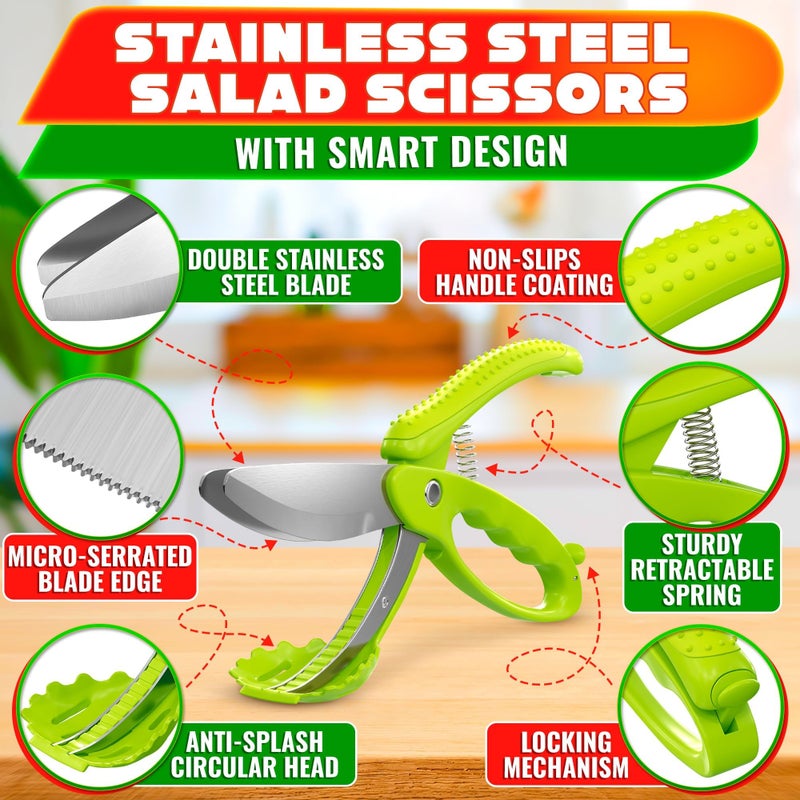 LIBERHAUS Salad Scissors for Chopped Salad â€“ Multiblade Food Scissor Chopper With Spring-Loaded System & Anti-Slash Head for Fast Double Cutting â€“ 8.9" Handy Size Lettuce Chopper, Stainless Steel Blades - Image 3