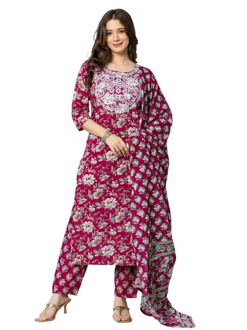 rytras Women's Cotton Embroidered Straight Kurta with Pant and Dupatta(RYT565,Maroon,S) - Image 1