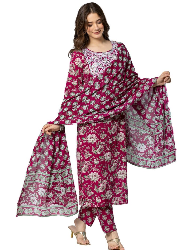 rytras Women's Cotton Embroidered Straight Kurta with Pant and Dupatta(RYT565,Maroon,S) - Image 3
