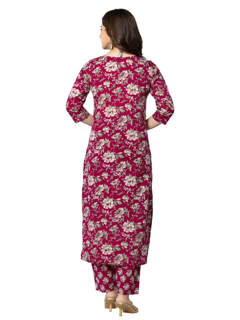 rytras Women's Cotton Embroidered Straight Kurta with Pant and Dupatta(RYT565,Maroon,S) - Image 2