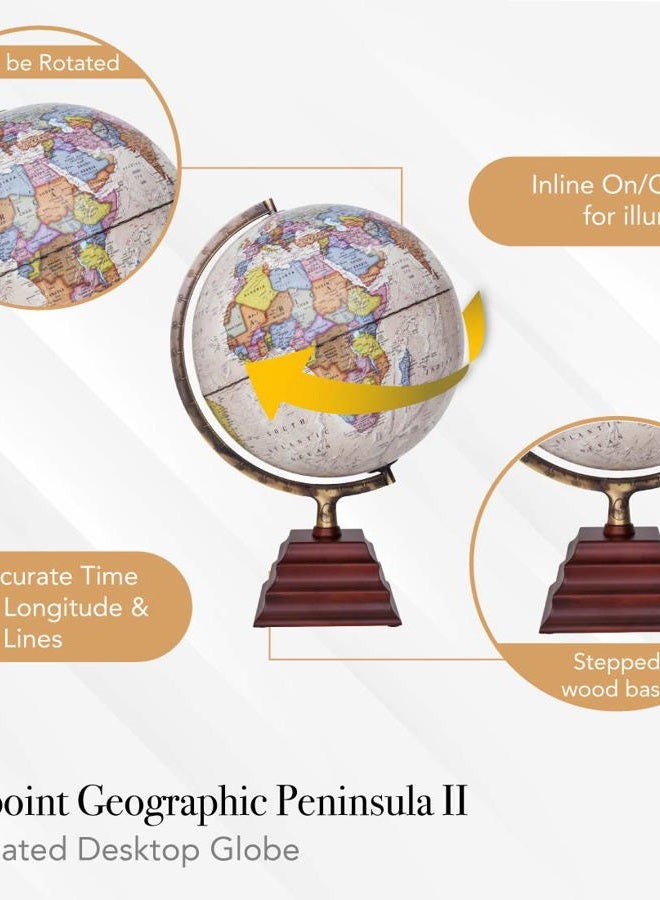 Waypoint Geographic Light Up Globe - Peninsula II 12” Illuminated Antique Ocean Style World Globe with Wood Stand for Desk, Bookshelves, Office, Home Decor - Up to Date, Beige - Illuminated - Image 4