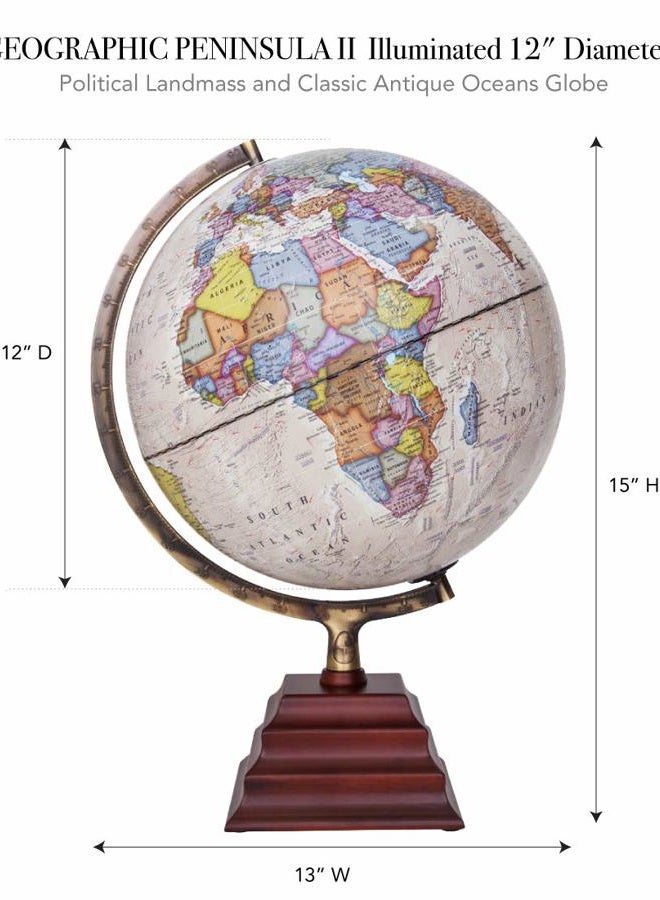 Waypoint Geographic Light Up Globe - Peninsula II 12” Illuminated Antique Ocean Style World Globe with Wood Stand for Desk, Bookshelves, Office, Home Decor - Up to Date, Beige - Illuminated - Image 2