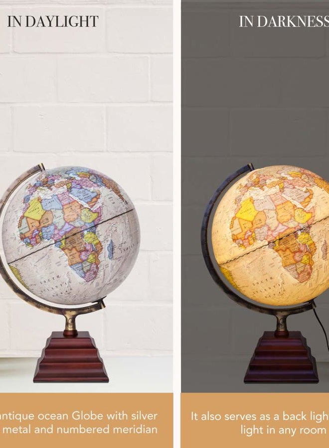 Waypoint Geographic Light Up Globe - Peninsula II 12” Illuminated Antique Ocean Style World Globe with Wood Stand for Desk, Bookshelves, Office, Home Decor - Up to Date, Beige - Illuminated - Image 3