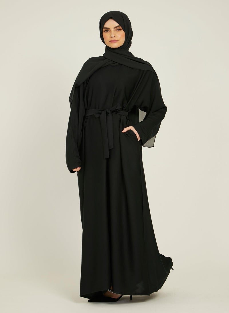 NUKHBAA Elegant Black plain abaya wityh belt and Hijab-AB49  - Image 1