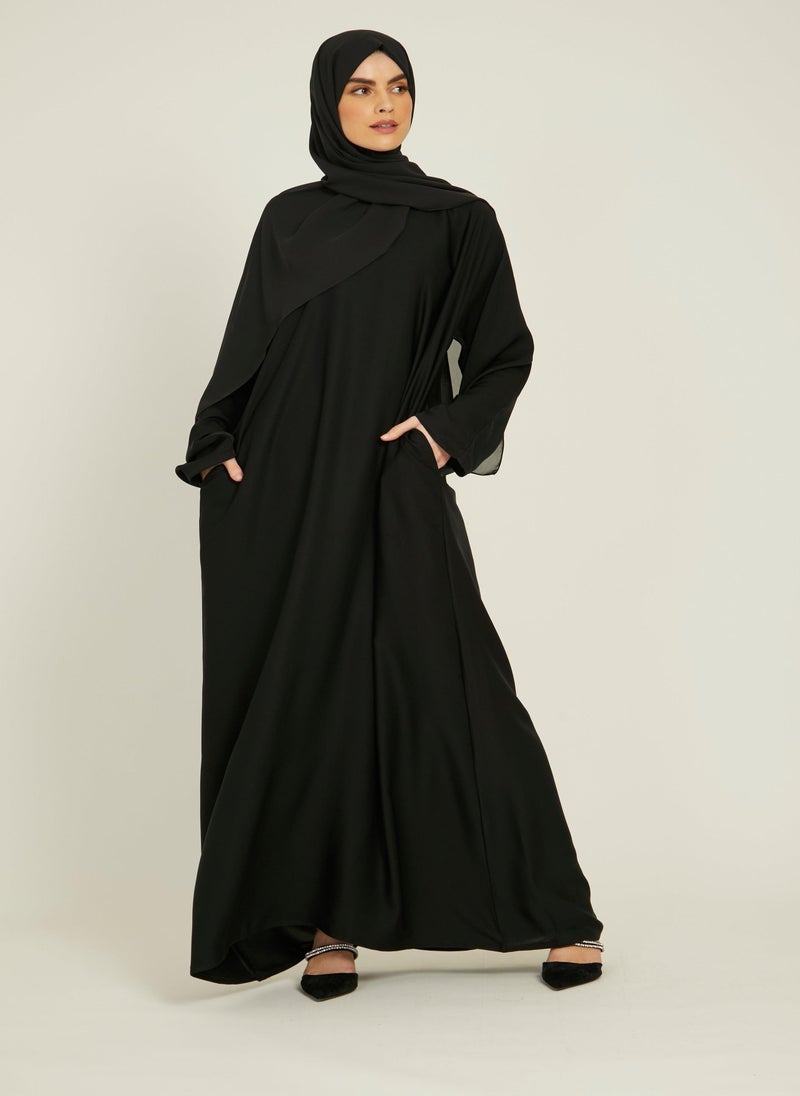 NUKHBAA Elegant Black plain abaya wityh belt and Hijab-AB49  - Image 2