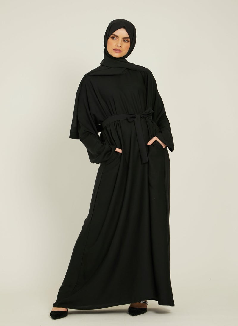 NUKHBAA Elegant Black plain abaya wityh belt and Hijab-AB49  - Image 3