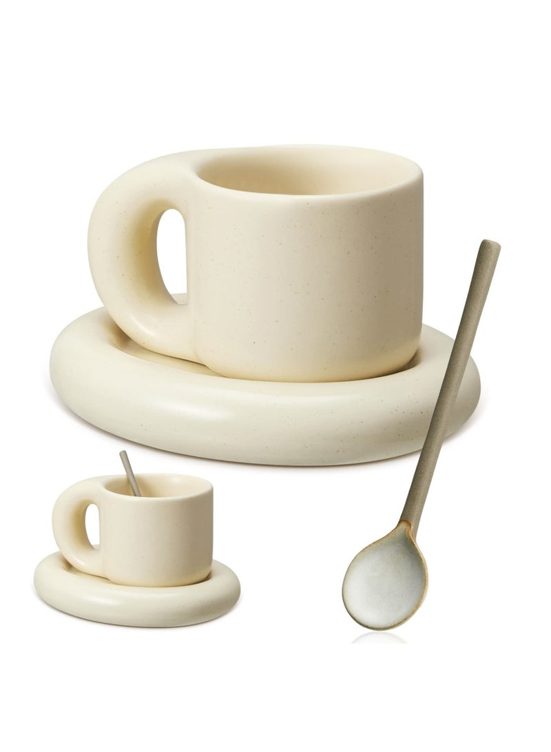 SYOSI Coffee Mug with Saucer and Spoon, 9 Oz Vintage Frosted Handmade Ceramic Mug Novelty Cup and Saucer with Fat Handle for Office Home Latte Tea Milk  - Image 1