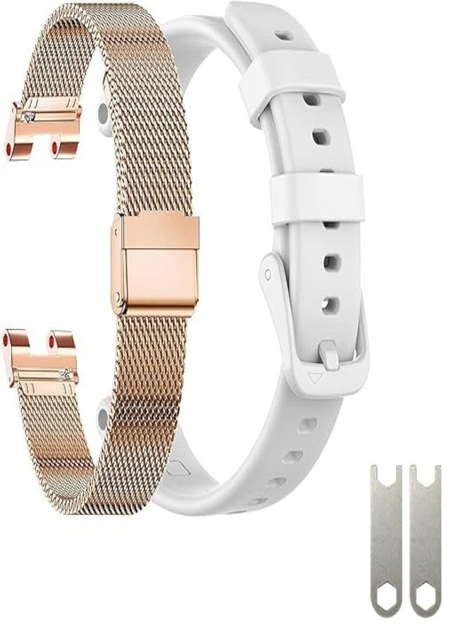 EANWireless Compatible for Garmin Lily Band, Milanese Stainless Steel +Silicone Sport Strap Replacement Silm Accessory for Women's Smartwatch,Rose Gold+White - Image 1