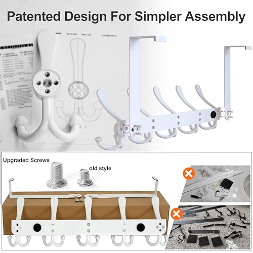 Dseap Over Door Hook 2.0 - Upgraded Version - Simple-Assembly, Strong, Heavy-Duty Stainless Steel 5-Tri-Hook Over The Door Hanger Rack, SimpleStrong Series, White - Image 4
