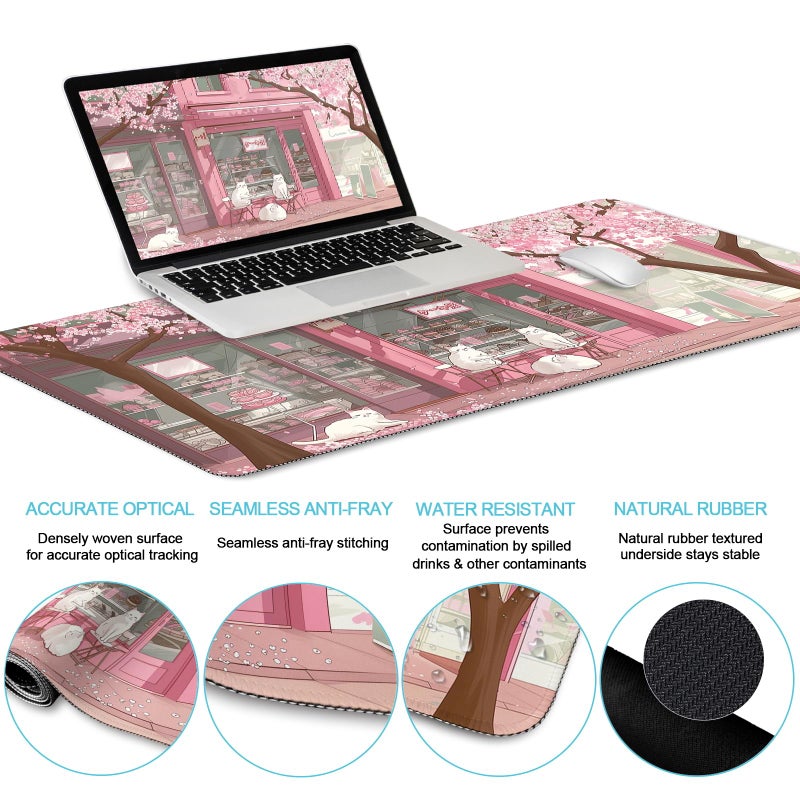 LIMKRIAN Anime Cat Mouse Pad Set, XXL Gaming Mouse Pad with Wrist Rest, Keyboard Mat, Cat Coaster, Cute Office Desk Decor Accessories, Pink Lycra - Image 3
