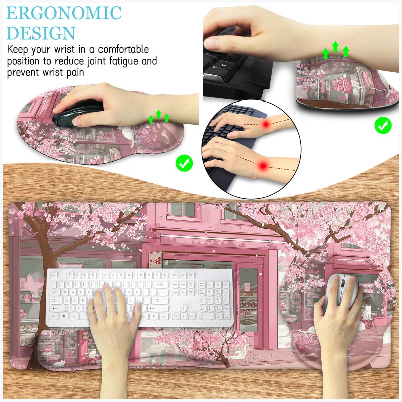 LIMKRIAN Anime Cat Mouse Pad Set, XXL Gaming Mouse Pad with Wrist Rest, Keyboard Mat, Cat Coaster, Cute Office Desk Decor Accessories, Pink Lycra - Image 5