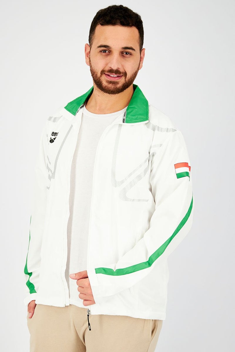 arena Men Spread Neckline Long Sleeve Graphic Brand Jacket, White and Green - Image 1
