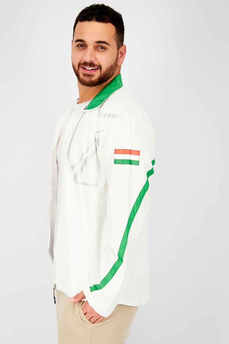 arena Men Spread Neckline Long Sleeve Graphic Brand Jacket, White and Green - Image 3