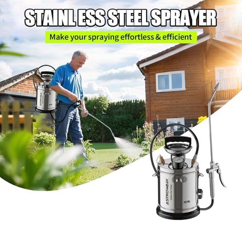 ASTRWK 1 Gallon Pump Sprayer Heavy Duty Stainless Steel Garden Sprayer with 14 AllSteel Wand 4FT Reinforced Hose for Lawn Care Weed Control Pest Control Includes Viton EPDM Seals Gloves - Image 3
