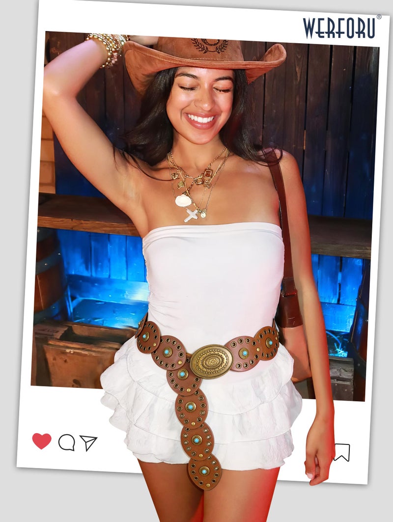 WERFORU Women Western Belts Wide Disc Belt with Turquoise for Dress Cowgirl Country Belts Boho Concho Leather Belt for Concert Outfits,Brown - Image 2