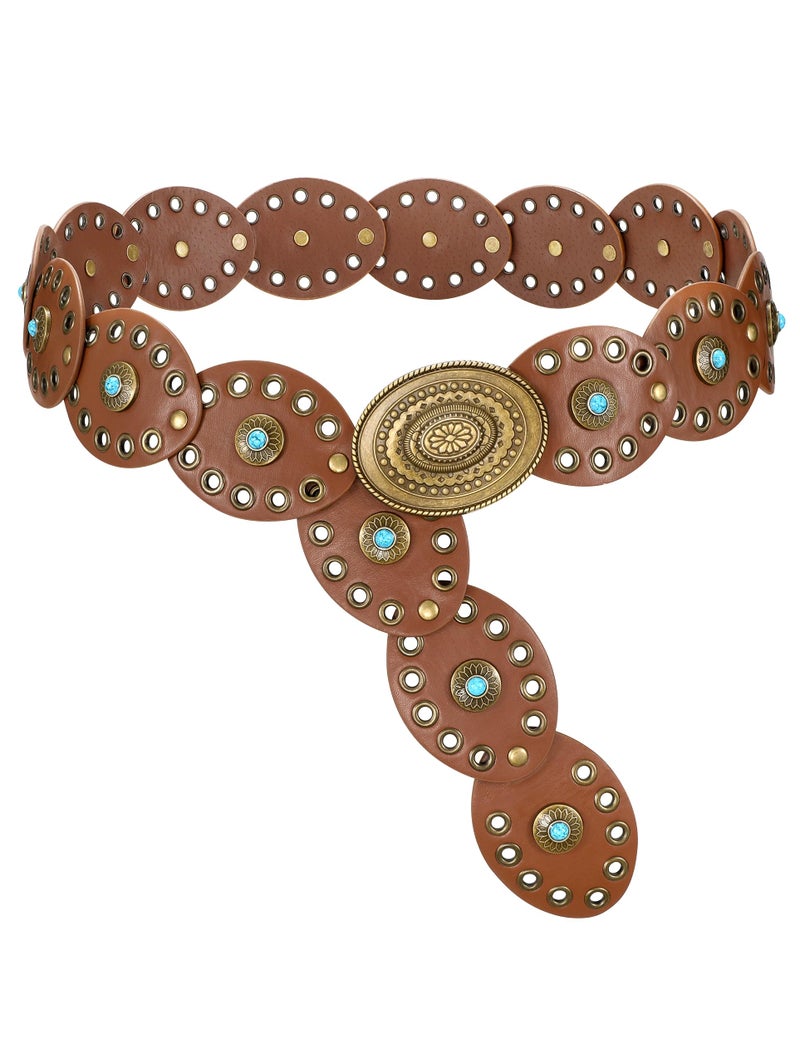 WERFORU Women Western Belts Wide Disc Belt with Turquoise for Dress Cowgirl Country Belts Boho Concho Leather Belt for Concert Outfits,Brown - Image 1