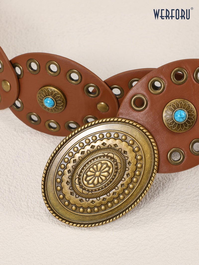 WERFORU Women Western Belts Wide Disc Belt with Turquoise for Dress Cowgirl Country Belts Boho Concho Leather Belt for Concert Outfits,Brown - Image 4