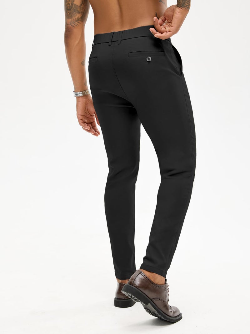 PLEPAN Men's Stretch Dress Pants Slim Fit Chino Casual Slacks Expandable Waist Golf Pant Tapered Black Small - Image 2