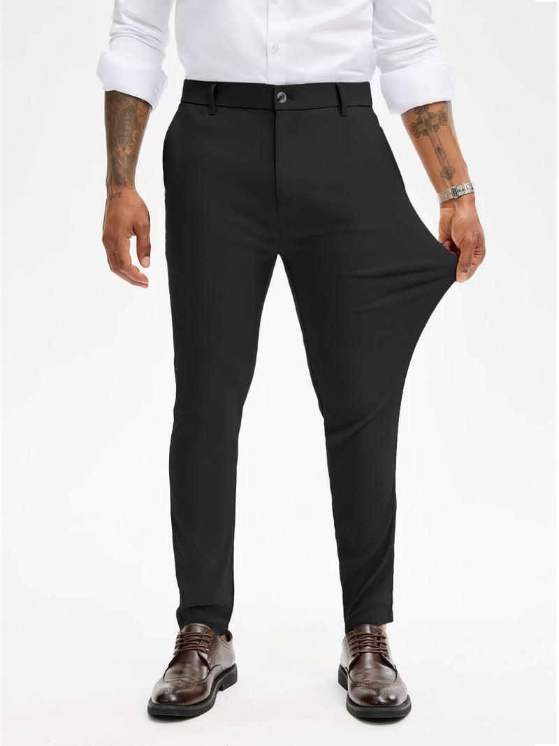 PLEPAN Men's Stretch Dress Pants Slim Fit Chino Casual Slacks Expandable Waist Golf Pant Tapered Black Small - Image 5