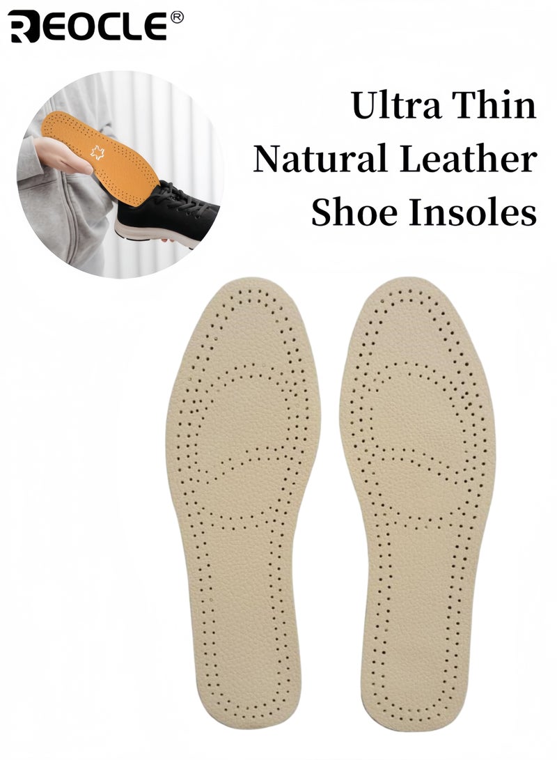 REOCLE 3 Pairs Ultra Thin Natural Leather Shoe Insoles with Latex Layer Sweat Absorbing Odor Control Comfortable Foot Cushion for Daily Walking Running Dress Shoes for Men and Women - Image 1