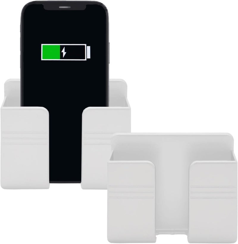 CERLINK حامل هاتف محمول مثبت على الحائط مع لاصق، قاعدة شاحن، صندوق تخزين للاستخدام المتعدد، للمكتب، غرفة النوم (عبوة من 2 باللون الأبيض) - Image 1