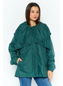 Women Hooded Plain Windbreaker Jacket, Green